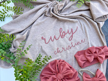 Load image into Gallery viewer, Personalized Baby Girl Outfit | Mocha Flutter Sleeve Ruffle Romper Floral Blue Baby Name