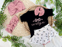 Load image into Gallery viewer, Personalized Baby Girl Outfit | Black Bodysuit Black Bow Skirt Baby Name