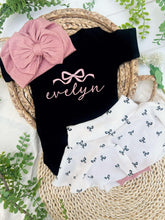 Load image into Gallery viewer, Personalized Baby Girl Outfit | Black Bodysuit Black Bow Skirt Baby Name