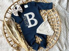 Load image into Gallery viewer, Personalized Baby Girl Outfit | Navy Romper - Speckled Polka Dot Oatmeal Beige Initial Baby Name