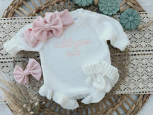 Load image into Gallery viewer, Personalized Baby Girl Newborn Outfit | White Sweater Romper Custom Color Baby Name