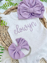 Load image into Gallery viewer, Personalized Baby Girl Outfit | Oatmeal Flutter Romper Light Purple Baby Name