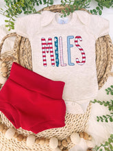 Load image into Gallery viewer, Personalized Baby Boy Outfit | Oatmeal Beige Bodysuit Red White and Blue Custom Baby Name