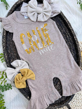 Load image into Gallery viewer, Personalized Baby Girl Outfit | Mocha Brown Flutter Sleeve Ruffle Romper Floral Blue Baby Name