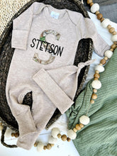 Load image into Gallery viewer, Personalized Baby Boy Name Outfit | Mocha Brown Romper Camo Initial