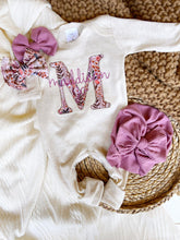 Load image into Gallery viewer, Personalized Baby Girl Outfit | Oatmeal Romper Floral Purple Pink Baby Initials