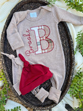Load image into Gallery viewer, Personalized Baby Boy Name Outfit | Mocha Brown Romper Red Plaid Initial