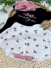 Load image into Gallery viewer, Personalized Baby Girl Outfit | Black Bodysuit Black Bow Skirt Baby Name
