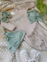 Load image into Gallery viewer, Personalized Baby Girl Outfit | Mocha Romper Dark Sage Green Chunky Chain Stitch Baby Name