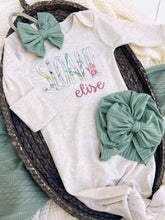 Load image into Gallery viewer, Personalized Baby Girl Outfit | Oatmeal Knotted Gown Floral Pink Green