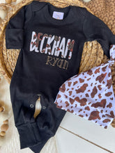 Load image into Gallery viewer, Personalized Baby Boy Outfit | Black Romper Cow Print Baby Name