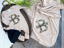 Load image into Gallery viewer, Personalized Baby Boy Name Outfit | Mocha Brown Romper Camo Initial