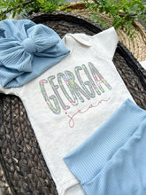 Load image into Gallery viewer, Personalized Baby Girl Outfit | Oatmeal Beige Bodysuit Floral Pink Blue Baby Name