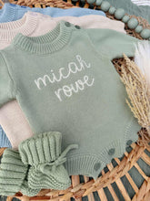 Load image into Gallery viewer, Personalized Baby Boy Outfit | Sweater Bubble Romper Beige Sage Navy Blue Baby Name