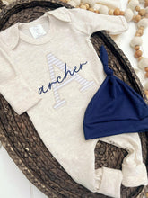 Load image into Gallery viewer, Personalized Baby Boy Newborn Outfit | Oatmeal Romper Big Letter Navy Blue Baby Name
