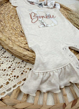 Load image into Gallery viewer, Personalized Baby Girl Outfit | Oatmeal Flutter Sleeve Ruffle Romper Floral White Baby Name