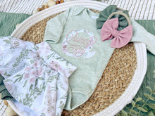 Load image into Gallery viewer, Personalized Baby Girl Outfit | Sage Green Bodysuit Small Flowers Skirt Pink Baby Name