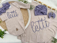 Load image into Gallery viewer, Personalized Baby Girl Outfit | Mocha Brown Romper Ellison Purple Chunky Chain Stitch Baby Name