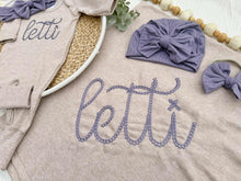 Load image into Gallery viewer, Personalized Baby Girl Outfit | Mocha Brown Romper Ellison Purple Chunky Chain Stitch Baby Name