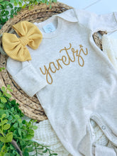 Load image into Gallery viewer, Personalized Baby Girl Outfit | Oatmeal Beige Romper Golden Yellow Chunky Chain Stitch Baby Name