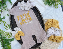 Load image into Gallery viewer, Personalized Baby Girl Outfit | Mocha Brown Flutter Sleeve Ruffle Romper Floral Blue Baby Name