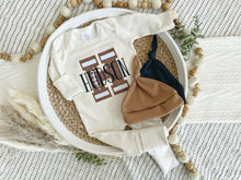 Load image into Gallery viewer, Personalized Baby Boy Name Outfit | 100% Cotton Oatmeal Beige Romper Football Brown Big Initial