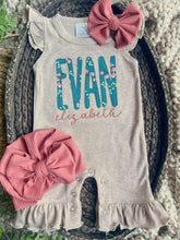 Load image into Gallery viewer, Personalized Baby Girl Outfit | Mocha Flutter Sleeve Ruffle Romper Floral Blue Baby Name