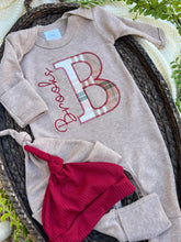 Load image into Gallery viewer, Personalized Baby Boy Name Outfit | Mocha Brown Romper Red Plaid Initial