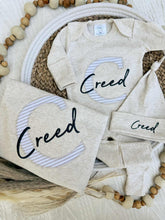 Load image into Gallery viewer, Personalized Baby Boy Outfit | Oatmeal, Sage, Mocha Romper Beige Stripe Initial Baby Name