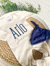 Load image into Gallery viewer, Personalized Baby Boy Outfit | Oatmeal Beige Romper Navy Blue Baby Name