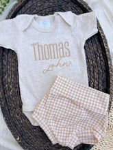 Load image into Gallery viewer, Personalized Baby Boy Outfit | Oatmeal Beige Bodysuit Honey Beige Custom Name