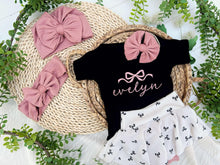Load image into Gallery viewer, Personalized Baby Girl Outfit | Black Bodysuit Black Bow Skirt Baby Name