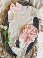 Load image into Gallery viewer, Personalized Baby Girl Outfit | Oatmeal Beige Romper Light Pink Chunky Chain Stitch
