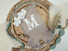 Load image into Gallery viewer, Personalized Baby Girl Outfit | Mocha Brown Flutter Sleeve Ruffle Romper Floral White Baby Name