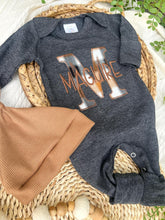 Load image into Gallery viewer, Personalized Baby Boy Name Outfit | Charcoal Gray Romper Tan Gray Plaid Initial