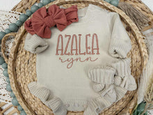 Load image into Gallery viewer, Personalized Baby Girl Newborn Outfit | Oatmeal Sweater Romper Pink Baby Name