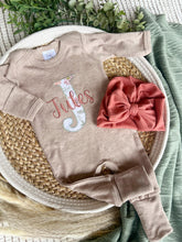 Load image into Gallery viewer, Personalized Baby Girl Outfit | Mocha Brown Romper White Floral Letter Pink Baby Name