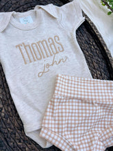 Load image into Gallery viewer, Personalized Baby Boy Outfit | Oatmeal Beige Bodysuit Honey Beige Custom Name