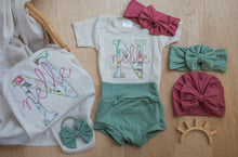 Load image into Gallery viewer, Personalized Baby Girl Outfit | Oatmeal Bodysuit With Floral Initial Cottagecore Baby Name