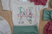 Load image into Gallery viewer, Personalized Baby Girl Outfit | Oatmeal Bodysuit With Floral Initial Cottagecore Baby Name