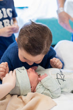 Load image into Gallery viewer, Personalized Baby Boy Outfit | Oatmeal, Sage, Mocha Romper Beige Stripe Initial Baby Name