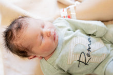 Load image into Gallery viewer, Personalized Baby Boy Outfit | Oatmeal, Sage, Mocha Romper Beige Stripe Initial Baby Name