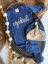 Load image into Gallery viewer, Personalized Navy Blue Beige Baby Boy Outfit | Heather Navy Blue Romper Biege Chunky Chain Stitch