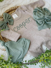 Load image into Gallery viewer, Personalized Baby Girl Outfit | Mocha Romper Dark Sage Green Chunky Chain Stitch Baby Name