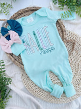 Load image into Gallery viewer, Personalized Baby Girl Outfit | Mint Green Romper Floral Green Pink Baby Name