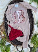 Load image into Gallery viewer, Personalized Baby Boy Name Outfit | Mocha Brown Romper Red Plaid Initial