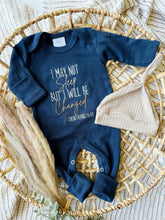 Load image into Gallery viewer, Baby Boy Outfit | Navy Romper - Funny Christian I May Not Sleep But I Will Be Changed