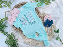 Load image into Gallery viewer, Personalized Baby Girl Outfit | Mint Green Romper Floral Green Pink Baby Name