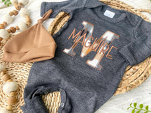 Load image into Gallery viewer, Personalized Baby Boy Name Outfit | Charcoal Gray Romper Tan Gray Plaid Initial