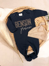 Load image into Gallery viewer, Personalized Baby Boy Coming Home Outfit – Navy Footie & Hat